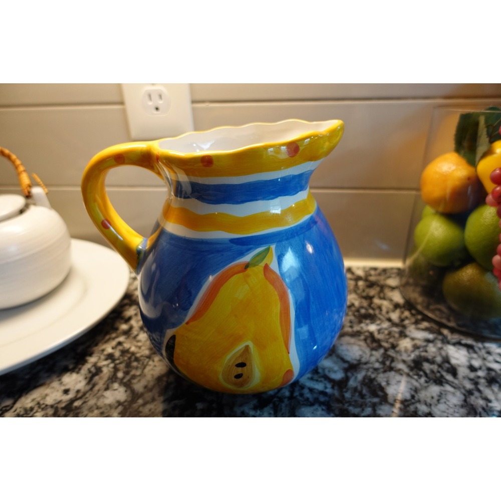 Hausenware pitcher Yellow blue decorative pitcher papaya fruits hand painted